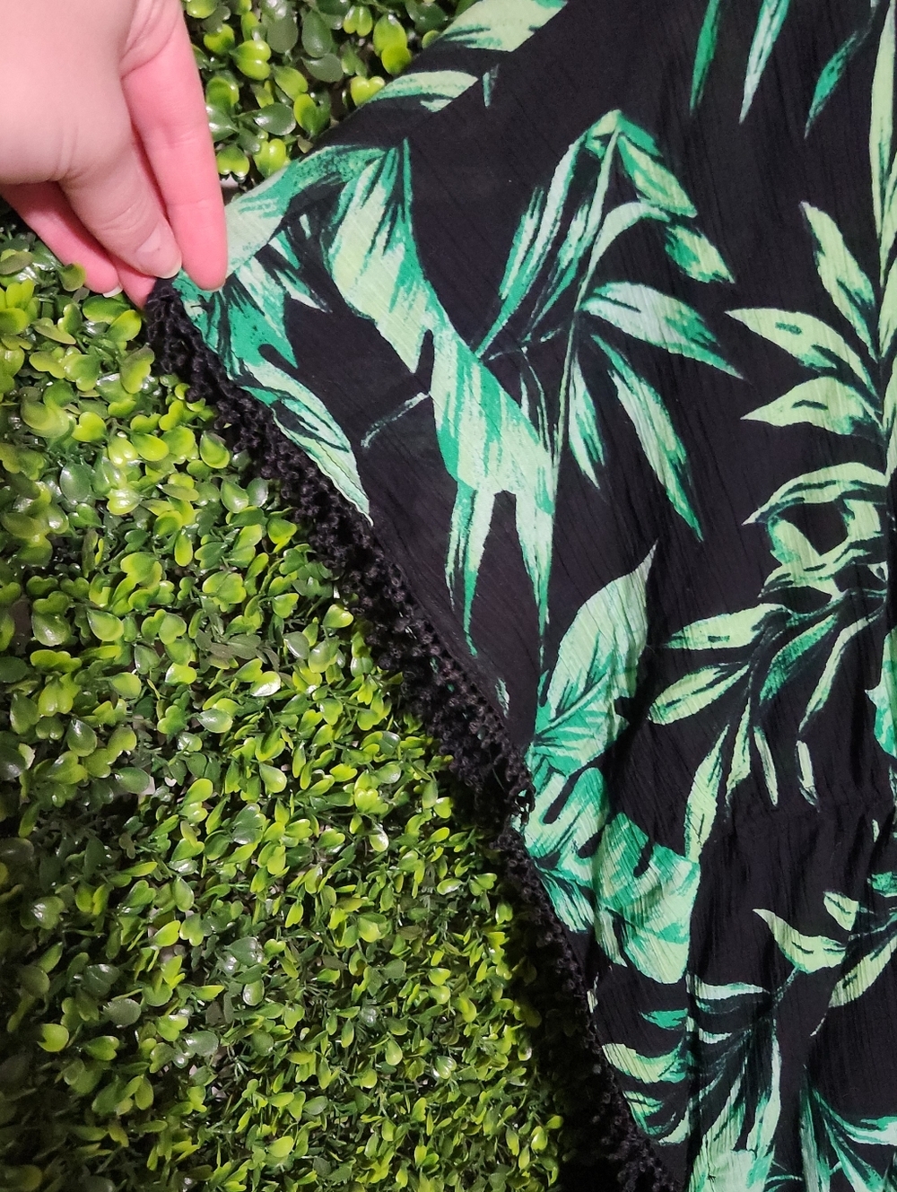 Black Tropical Leaf V Neck Blouse Green Print - Picture 3 of 7